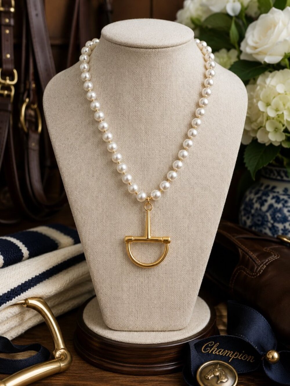 Pearl Equestrian Stirrup Necklace, Gold Horse Bit Pendant Necklace, Horse Lover